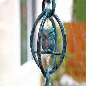 Owl Rain Chain is a patina finish up close