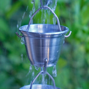 Close up of aluminum Shizuka Cups Rain Chain