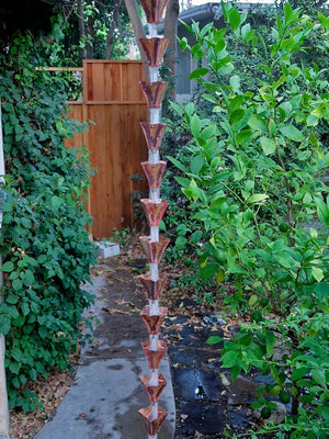 Small Square Aged Copper Cups Rain Chain on house with water flowing through multiple cups