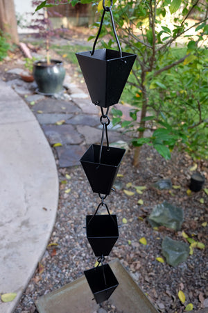 black Tapered Square Cups Rain Chain without water running through it
