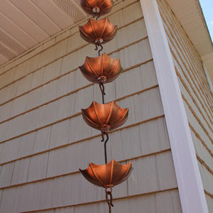 Themed Copper Cup style Umbrella Rain Chain cups on house