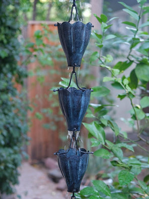 Copper Patina XL Scallop Cups Rain Chain during light rain